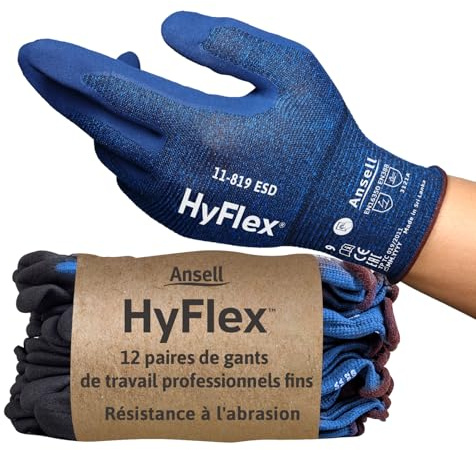 Ansell HyFlex 11-819 Dünne Arbeitshandschuhe, Rutschfeste Nitril-Beschichtung, Schutzhandschuhe vor Elektrostatischen Entladungen, Antistatisch, TouchScreen, Blau, Größe XS (12 Paar)