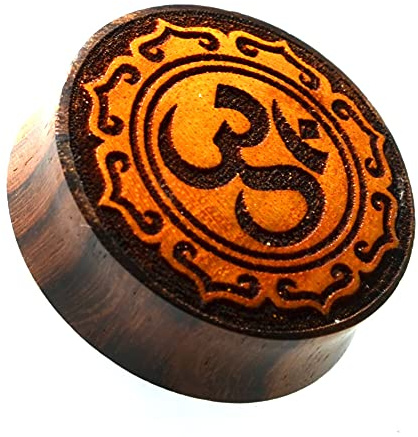 CHICNET Flesh Plug Om Symbol Zeichen Ornament Blume Holz Sonoholz Jackfrucht double flared Tunnel Expander Dehner Ohr Piercing Damen Herren Esoterik Hinduismus Meditation 18 mm