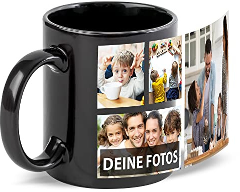 Schwarze Tasse zum selbst gestalten mit Foto-Collage für 4 Wunschfotos - Geschenk für Freunde zum Geburtstag, Weihnachten - Keramik, 300 ml | Personalisiertes Geschenk
