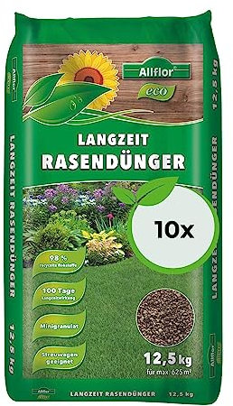 Allflor Eco Langzeit Rasendünger 10 x 12,5 kg I Dünger aus hochwertigen wiederverwerteten Rohstoffen I NPK-Dünger für alle Rasensaaten I Dünger fördert ein dichte Grasnarbe | Für max. 6250 m²