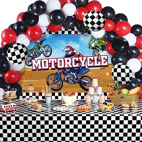 Capoda 72 Pieces Motorcycle Truck Party Decorations Dirt Bike Motocross Backdrop Tablecloth with Balloons Extreme Truck Theme Decor Set for Birthday Party Supplies