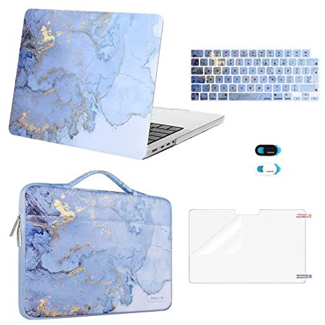 MOSISO Hülle Kompatibel mit MacBook Pro 14 Zoll 2023-2021 M3 M2 M1 Chip Pro Max,Plastik Aquarell Marmor Hartschale Case&Tasche&Tastaturschutz&Displayschutzfolie&Webcam Abdeckung,Blau