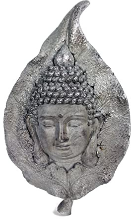 Arnusa Wandskulptur Blatt mit Buddha Wanddekoration 59x35x10cm Figur Gartenfigur Gartendekoration Asia Kunststein