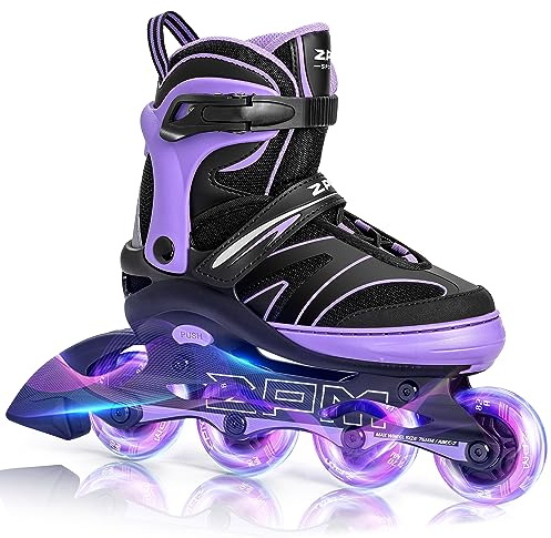 2PM SPORTS Kids Adjustable Inline Skates Ages 4-12, Youth Inlie Skates for Girls Boys 5-8 8-12 with Full Light Up Wheels, Beginner Women Men Adult Skates - Purple Medium