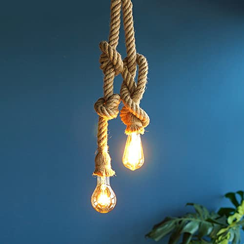 Rrzshop Hanfseil Hängelampe Vintage Pendelleuchte Hängeleuchte Hanfseillampe Deckenleuchte, E27 Industrie Seile Lampe Leuchte Deckenlampe, für Esstisch Wohnzimmer Schlafzimmer Küche (ohne Birne)