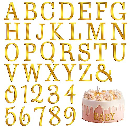 37PCS Acrylic Letters Cake Topper, Gold Acrylic Cake Alphabet Numbers Topper with A-Z and 0-9 DIY Cupcake Decoration Pick Personalized Letters Anniversary Wedding Baby Shower Party Supplies