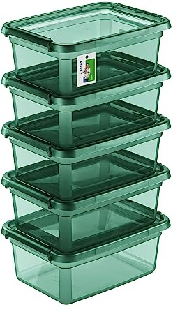 PAFEN 5x Förvaringslåda med lock 12,5l - 38x28,5x16cm - Lådor Förvaring Stapellådor med stängningsclips Plastbehållare Klädboxar Transparent Organiser | Grön