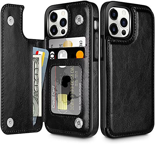 Coolden Handyhülle für iPhone 15 Pro Hülle Case Premium Klappbar Leder Hülle mit Kartenfach Ständer Magnetische Flip Case Cover Spange Stoßfeste Schutzhülle Brieftasche Hülle für iPhone 15 Pro Schwarz