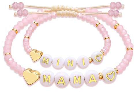 Egowry Mother Daughter Bead Bracelet Set for 2, Mommy and Me Matching Bead Bracelet, Mama and Mini Matching Heart Bracelets for Mom Daughter Valentines Mother's Day Gift (MAMA MINI)