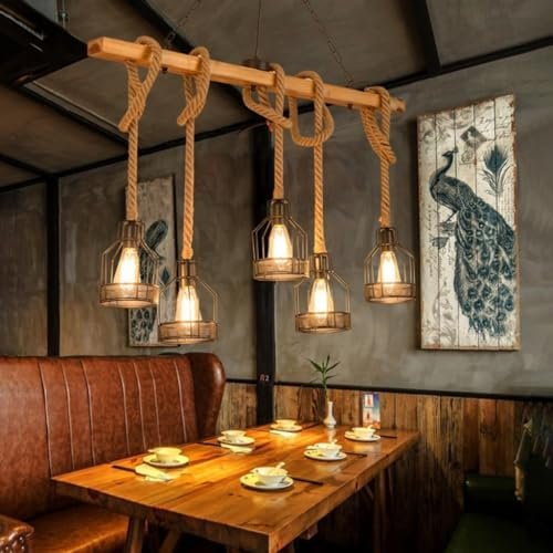 DHGIE Retro Hängelampe E27 Altes Handwerk Vintage holzlampe hängend hängelampe esstisch wohnzimmerlampe hängend lightswing Kücheninsel Restaurant Bar Decken HängeleuchteHöhe Frei Einstellbar