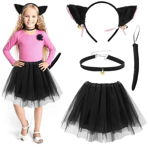 Kattdräkt flicka barn, 4 st kattdräkt set barn, kattunge, kattdräkt cosplay set med svart tutu med kattöron, flickor kattdräkt party dekoration tillbehör