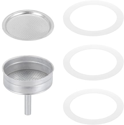 QUARKZMAN Pièces de Rechange pour Cafetière Italienne en Aluminium (Argent) | Avec 1 Filtre et 3 Joints D'Étanchéité en Silicone, 1 Entonnoir de 74x64x4,5 mm pour Cafetière Moka 9 Tasses