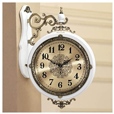 LUOYAOB Retro Bahnhofsuhr Doppelseitige runde Wanduhr, Europäische Retro-Stationuhr, doppelseitige 360 ​​°-rotierende Wanduhr, for Wohnzimmer, Küche, Schlafzimmer, Bad, Bardekoration (Color : White)