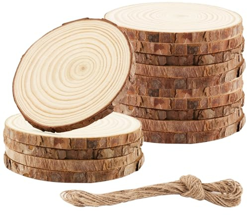 SINJEUN Holzscheiben 15 Stücke Baumscheiben 12-13cm mit 10m Jute Seil, Runde Naturholz Holzscheibe für DIY Handwerk, Hochzeit Mittelstücke, Weihnachten Dekoration, Untersetzer holz, Ca.10mm Dicke