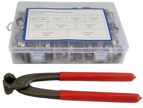 LoRier 211 Stück 5,8–21 mm 304 Edelstahl Einzelohr-Schlauchschelle Crimp-Set mit roter Klemmzange, Rohrschelle, Holzbearbeitungsklemmen