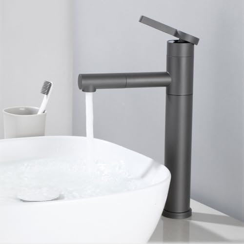 Badezimmer-Waschtischarmatur mit herausziehbarer Brause, Einzelgriff, 360° drehbar, Badezimmer-Wasserhahn für Einloch-Waschbecken, Grau, hoch Safehappy