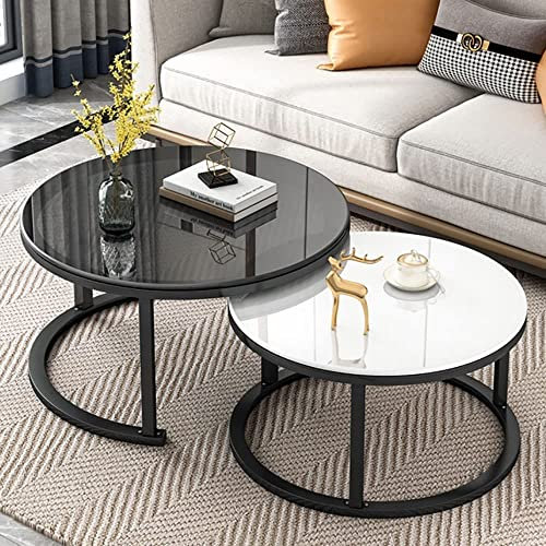 Moderner Couchtisch für Wohnzimmer, stapelbar, glatte Tischplatte aus gehärtetem Glas, runde Sofatische aus Metall, 2 Stück
