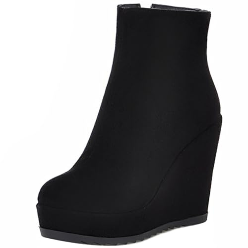 Asterisco Stivaletti da Donna con Zeppa Tacco Alto Polacchine Punta Rotonda Zip Stivali da Sera, P69040Em Nero Numero 37 EU/38Cn