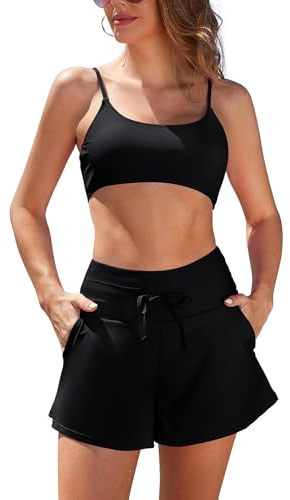 SHEKINI Two Piece Swim Suits for Women Bikini Set with 2 Pockets High Waisted Drawstring Swim Shorts Push Up Bandeau Adjustable Tummy Control Vintage Beach Swimwear
