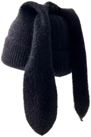 Whakano Damen Mütze mit Hasenohren, warme Strickmütze, elastisch und weich, Wintermütze, lustige Mütze für Damen und Herren, Einheitsgröße, Herbst und Winter, Schwarz , Einheitsgröße