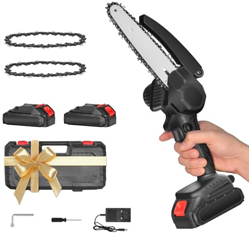 AIOMEST 6 Mini Kettensäge mit Akku, Astsäge mit 2 Akku und 2 Ketten, Werkzeugloser Messer- und Kettenwechsel Mini Chainsaw, Handkettensäge Akku für Gartenscheren Holzschneidenz