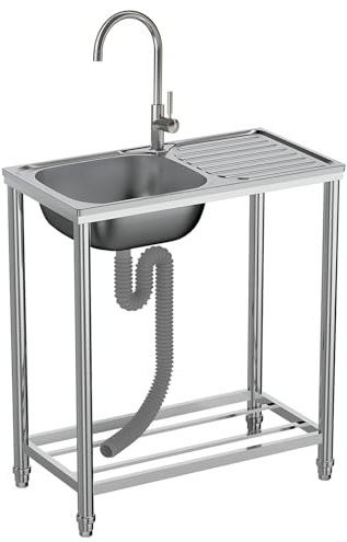 Fregadero Exterior Jardin con Grifo Fregadero Cocina 1 Seno Inox con banco de trabajo y estantes almacenamiento fregadero multifuncional Fácil de Limpiar para Lavandería Garaje Camping 75x40x82cm