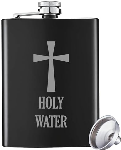 Holy Water Hip Flasks For Liquor, Stainless Steel 8 Oz Black Whiskey Flask For Men, Engraved Funny Hip Flask Gift With Funnel