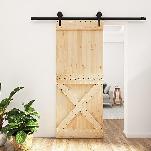 Annlera Porta scorrevole in legno di pino massiccio, porta scorrevole in legno, design salvaspazio, per camera da letto, cucina, fienili, garage, ecc. marrone+nero, 85 x 3,6 x 210 cm