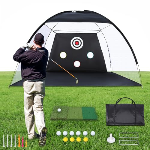 REDCAMP 10x7ft Golf Training Net mit Schlagmatte für Indoor Outdoor Hinterhof, beinhaltet tragbare Tragetasche,10 Bälle, 7 Tees, Verbesserung des Trainings All-in-1 Golf Übungsnetz