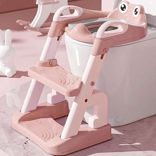 cadciehe Potty Training Toilet with Step Stool Ladder, 2 in 1 Toddler Seat with Soft Cushion Adjustable Height Triangular Base Toilets Ladder Toilet Seat Stair for Kids Boys Girls Toddlers Pink