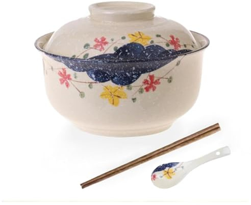 Braozaiw Ramen Bowl Set, Asian Retro Ceramic Bowl with Flower-Patterned, Large Noodle Soup Bowl for Ramen Cereals and Salads(800ml with Lid, Spoon & Chopsticks)