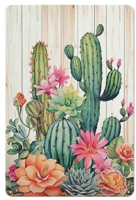 ODHHGDF Rustikales Metall-Blechschild Kaktus, Wandkunst, Wüste, botanische Malerei, Sukkulenten, stachelige Blume, Bild, mexikanisches Kunstwerk, Heimdekoration, 20,3 x 30,5 cm