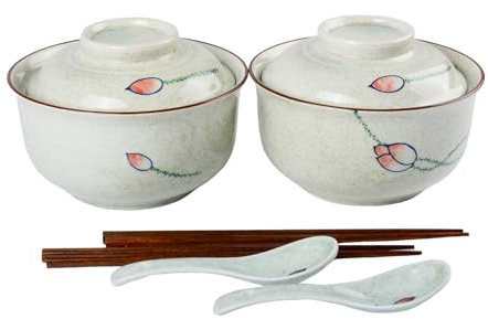 Lot de bols à ramen en céramique avec couvercle, 750 ml, bols à soupe Pho japonais vintage pour céréales, soupe, vaisselle asiatique, passe au micro-ondes et au lave-vaisselle (Lotus)