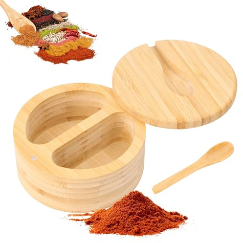 Wvu & Wvo Salzdose, 2-Fach Salzbehälter mit Magnetischem Drehdeckel und 1 kleinen Holzlöffeln, Salzgewürz-Aufbewahrungsbox für Küchengewürze, Gewürze, Kräuter, Pfeffer oder Kleinigkeiten