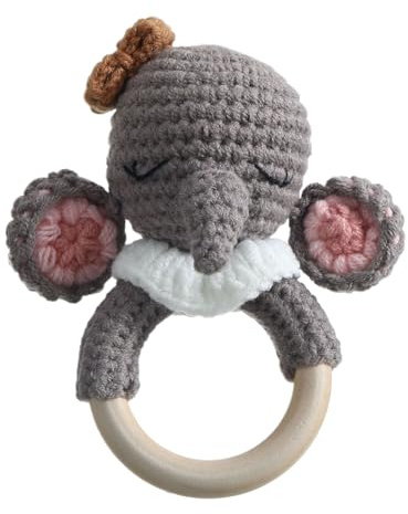 BabyRassel - hholz Rassel Toys | Morso ad anello di anelli agli animali all'uncinetto | Decorazioni morbide per bambini per compleanno | Regali per per la nascita per ragazze