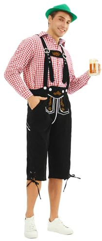 Feynman Costume Homme Oktoberfest - Pantalon Bavarois Brodé Traditionnel (Noir/Marron) + Chemise Tyrolienne (Rouge/Vert/Noir) - Tenue Allemande Style Cuir pour Fête de la Bière