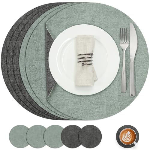 Myir JUN Round Placemats and Coasters Set of 6 Dual Sided Leather Place Mat | Waterproof Heat Resistant Table Mats Non-Slip Washable Placemat for Dining Home Restaurant Indoor Outdoor(Grey Sage Green)