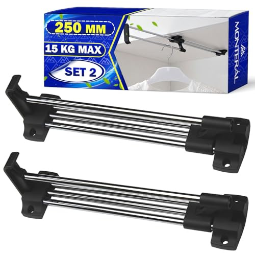2 Pezzi Appendiabiti Estraibile per Armadio 250 mm Carico Massimo 15 kg | Barra Appendiabiti Estensibile Realizzato in Acciaio è Adatto a Diversi Tipi di Guardaroba - Garanzia di 10 Anni - MONTERAL