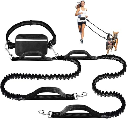 Gaxcent Joggingleine Hunde, Joggingleine Für 2 Hunde Mit Bauchgurt, Bauchgurt Hundeleine, Mit Reißverschlusstasche Für Dog Leash Für Laufen,Schwarz