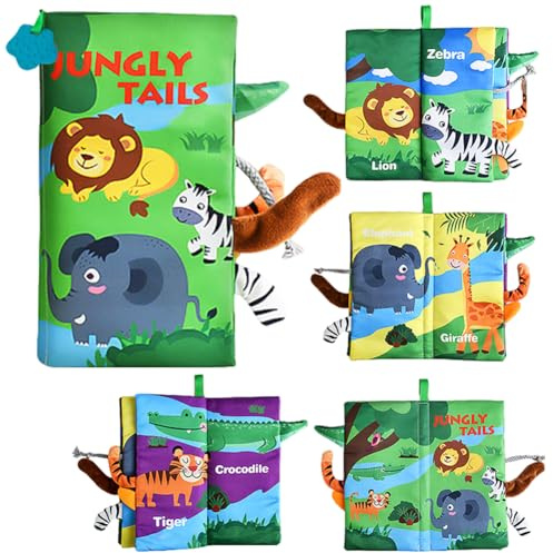 FCXVXCL Libri di Stoffa per Neonati, Libro Sensoriali Neonati 0 3 6 Mesi, Libro Interattivo con Coda di Animali, Giochi Montessori Libros Tattile, Giocattoli Educativi del Libri per Neonato, Giungla