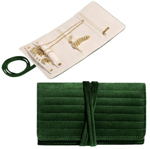 AEKZOX Pochette Bijoux Voyage Trousse de Rangement en Velours Rouleau Organisateur pour Femme pour Colliers Bracelets Boucles d'oreilles et Bagues Vert Émeraude
