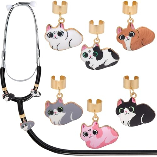 SOFPLATE 6 Stück 6 Stile Tier Stethoskop Anhänger Stethoskop Dekor Kleine Goldlegierung Emaille Katze Süße Kätzchen Anhänger Individuelles Namensschild Charm Dekor Für Krankenschwestern Ärzte Tierärzt