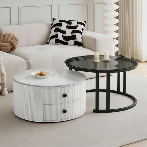 Generisch Couchtisch Rund 2er Set, Wohnzimmertisch Runder mit 2 Schublade, Schwarz Metallgestell, Moderne Kaffeetische Satztische für Balkon und Büro, Weiß