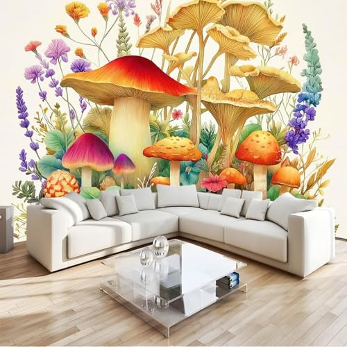 Carta da parati non tessuta 200 x 140 cm, con Motivo Acquerello Piante Fiori Funghi, Colore Carta da Parati per Arredamento di Bagno Soggiorno Cucina e Camera da Letto