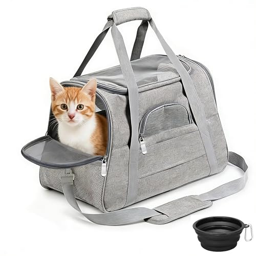 SHJOEE Trasportino per Cani e Gatti Borsa per Animali Portatile Pieghevole Borsa per Gatti Traspirante con Ciotola per Acqua Portatile (Grigio)