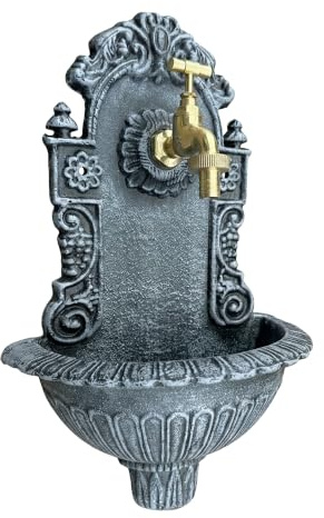 Relaxdays Fontana da parete in alluminio, grigio | stile antico con rubinetto, lavabo da giardino 40 x 24,5 x 13 cm