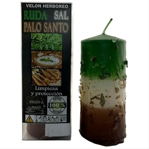 Velón Herbóreo Ruda, Sal y Palo Santo Limpieza y Protección Hierbas, Madera Natural, Sal y Aceites Esenciales Ritual Vela Esotérico 14x6cm