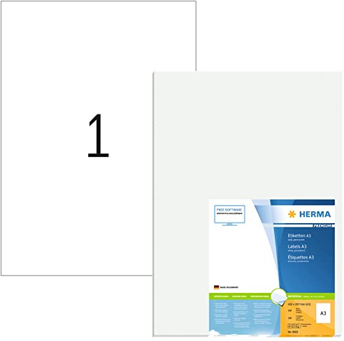 HERMA 8692 universella etiketter A3 stora (297 x 420 mm, 100 ark, papper, matt) självhäftande, utskrivbara, permanenta adressetiketter, 100 klistermärken, vit