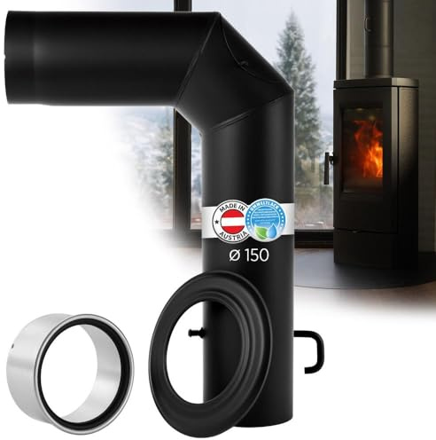BERTRAMS Winkelbogenset (600x450mm) mit Tür & Drosselklappe Schwarz | Für Ofenrohr 150mm mit 90° Winkel, Doppelwandfutter & Rosette | Feuerrohr Stahlblech 2mm & Senotherm UHT-Hydro | Made in Austria