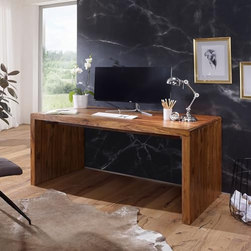 FineBuy Schreibtisch BOHA 140 cm Sheesham Massivholz Braun | Computertisch aus Echtholz im Landhausstil, Bürotisch mit Ablagemöglichkeiten, handgefertigtes Unikat